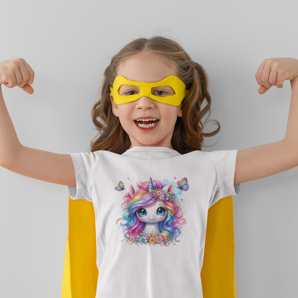 Kids Unicorn Graphic Tee in White with Yellow Cape